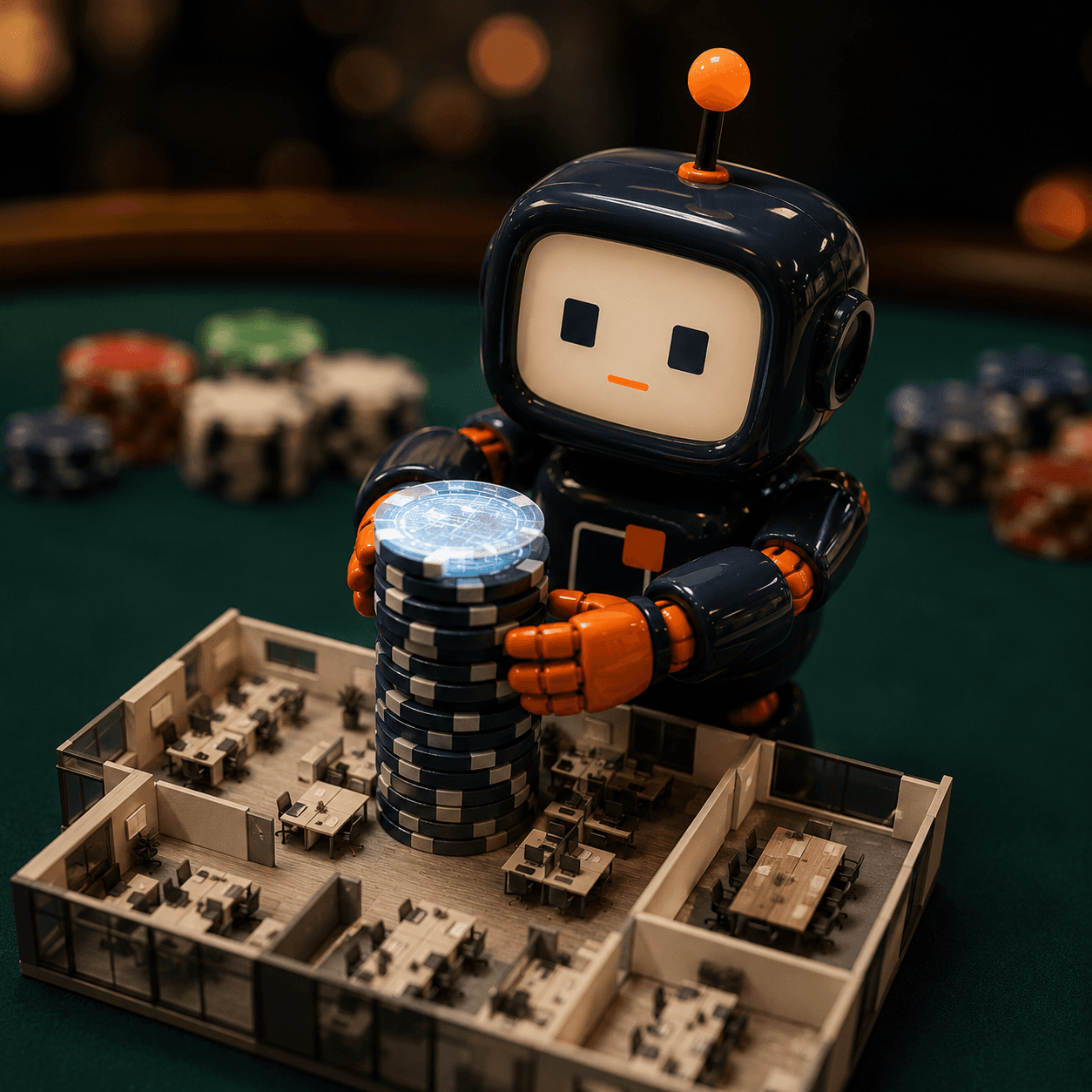 The Insights² robot stacking a tower of poker chips, topped with a glowing data chip, on a miniature open-plan office.