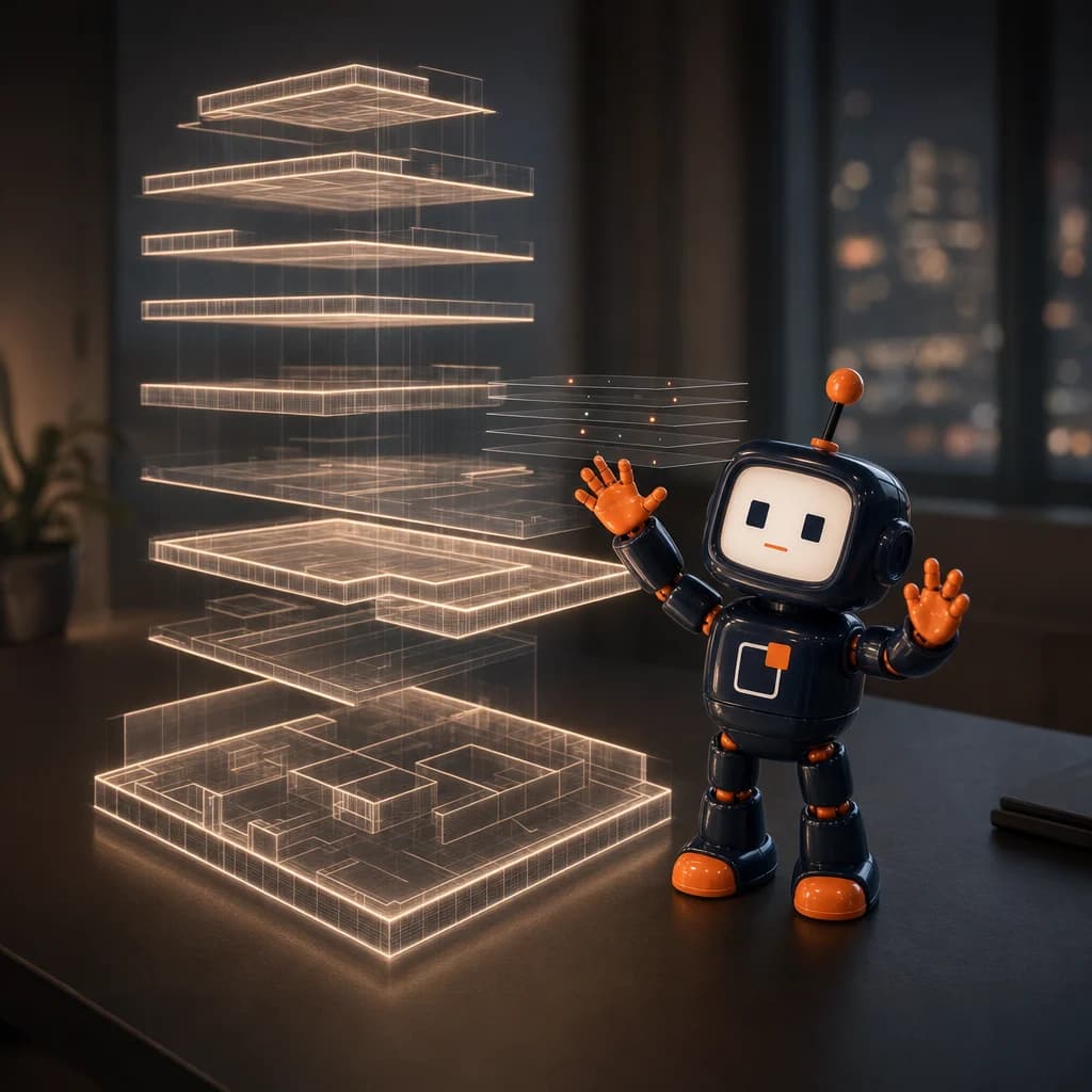 The Insights² robot, Indi, standing on a desk beside a glowing hologram of an office building whose floors have been pulled apart, with a stack of thin layers floating above one floor.