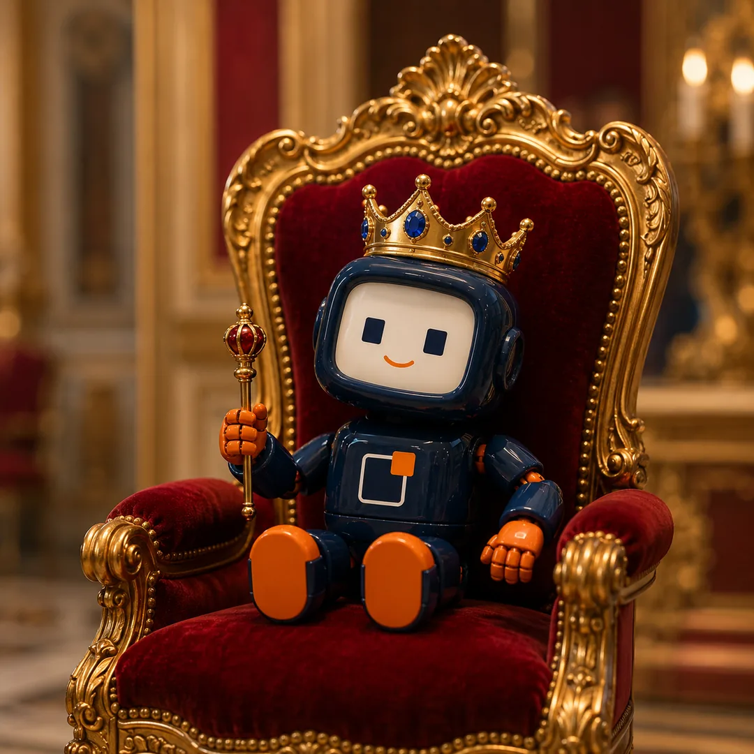 The Insights² robot wearing a crown on a throne, holding a scepter.