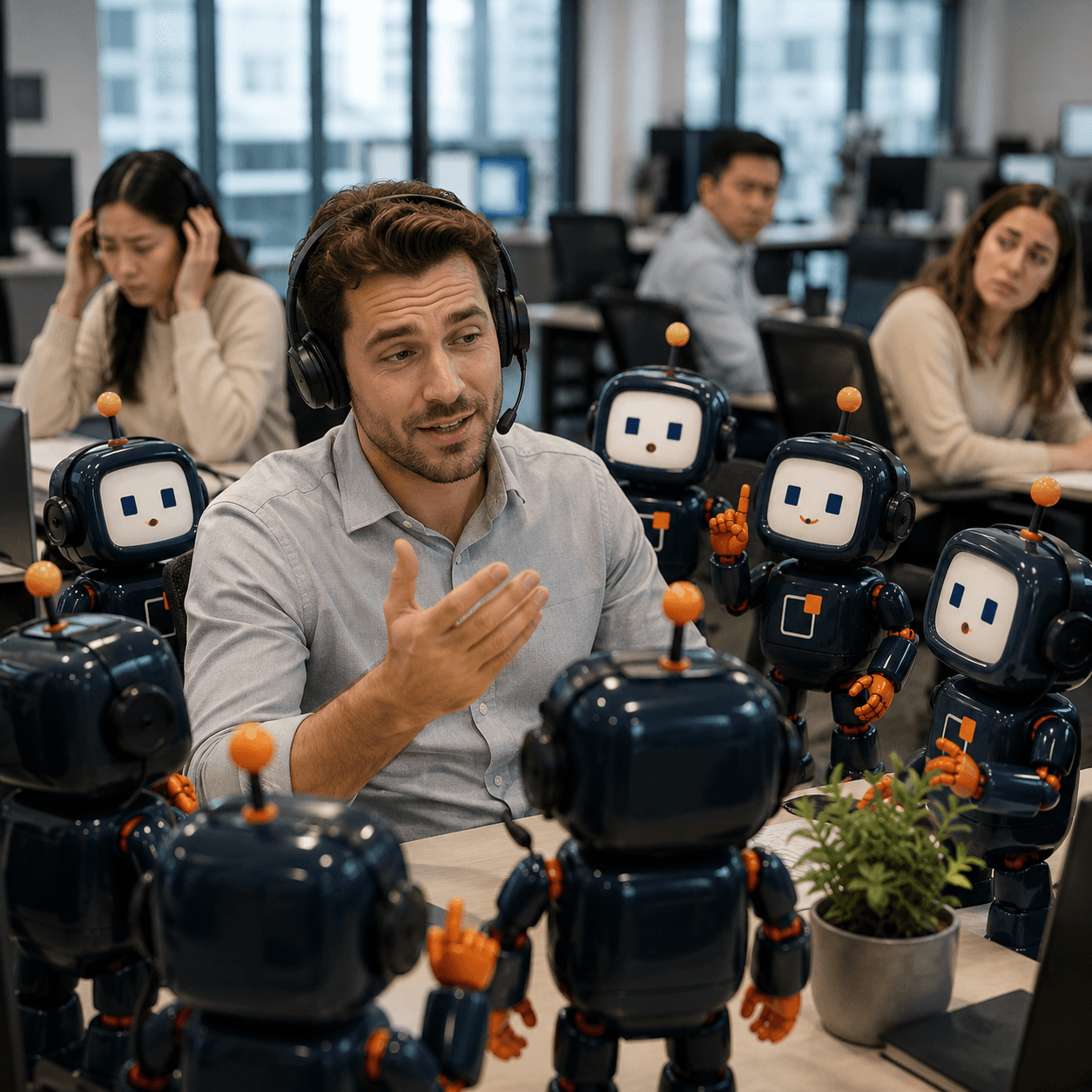 An office worker wearing a voice headset talks aloud to a crowd of Insights² robots representing AI agents at his desk on an open-plan floor, while colleagues nearby cover their ears and look disturbed by the noise.