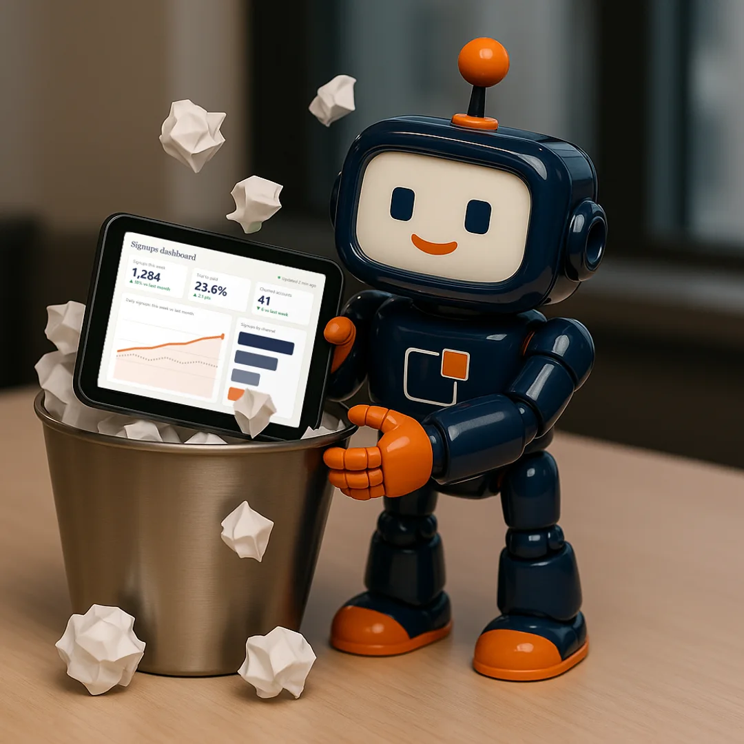 The Insights² robot, Indi, pulling a tablet that shows a signups dashboard up out of an office waste-paper bin, with crumpled paper flying off it.