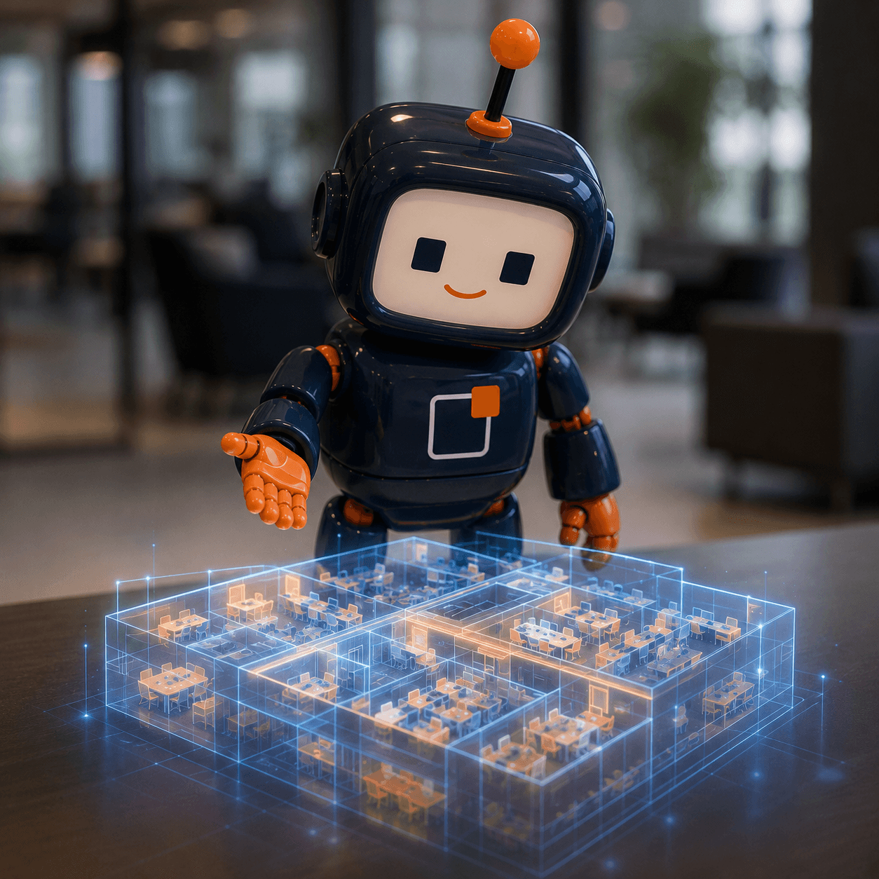 The Insights² robot studying a glowing holographic floor plan of an office building.